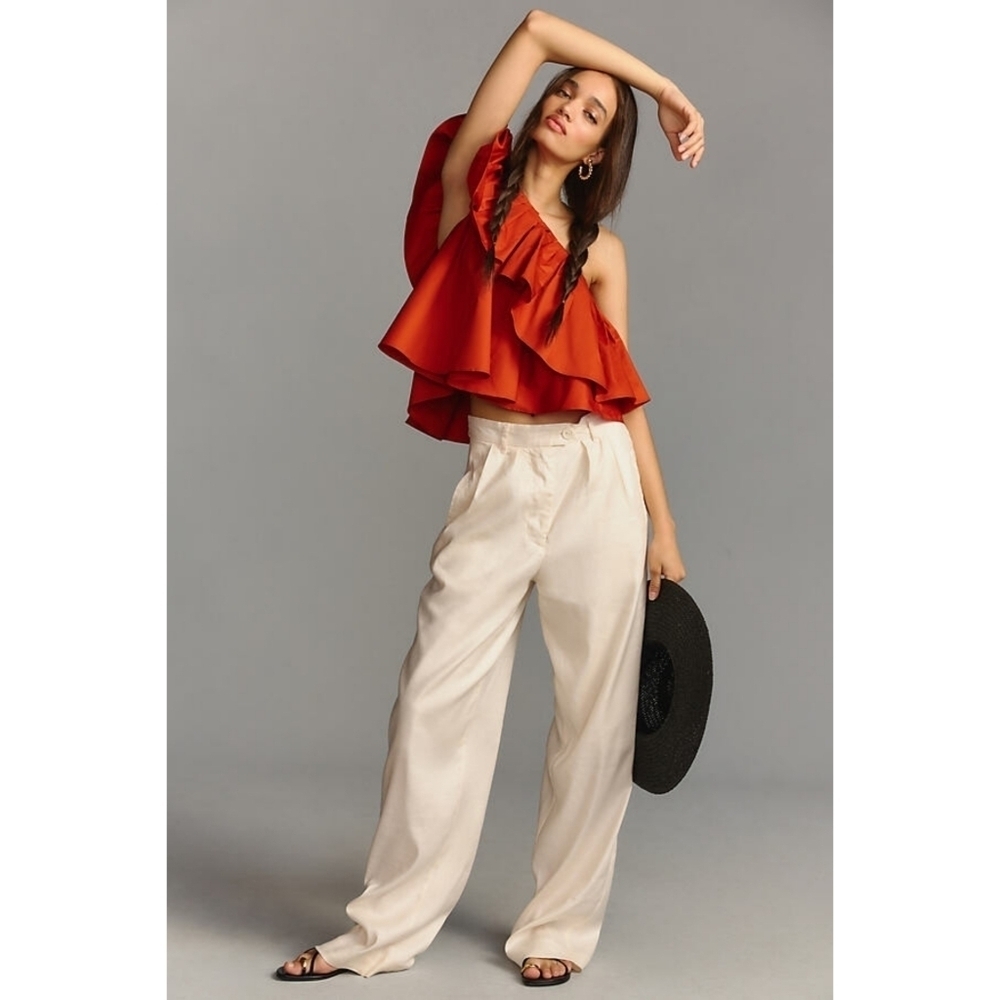 NWT Ronny Kobo One Shoulder Ruffle Amber Orange Blouse Size Medium